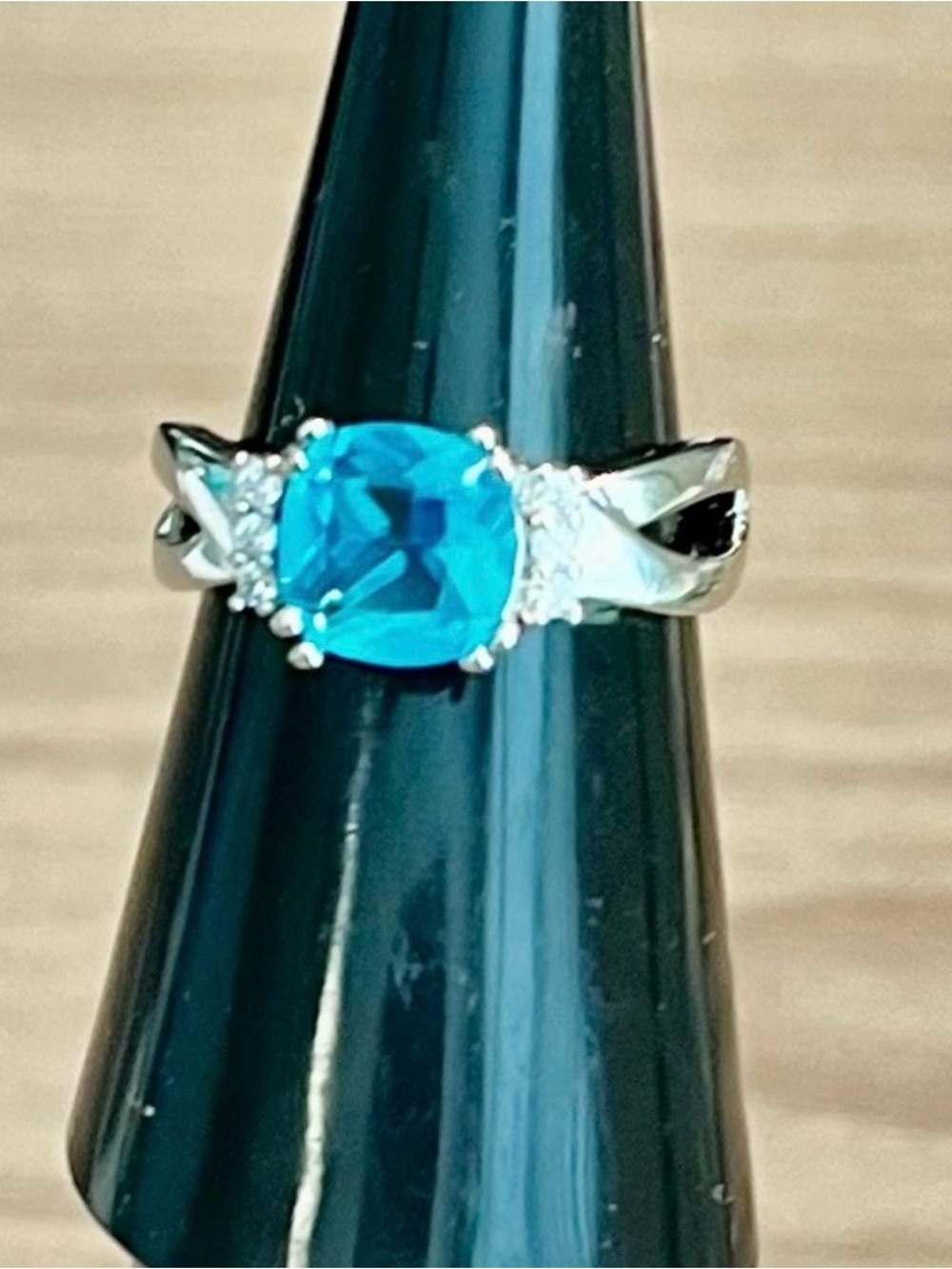 Blue Cushion Gemstone Solitaire Ring with Accent Stones stamped 925